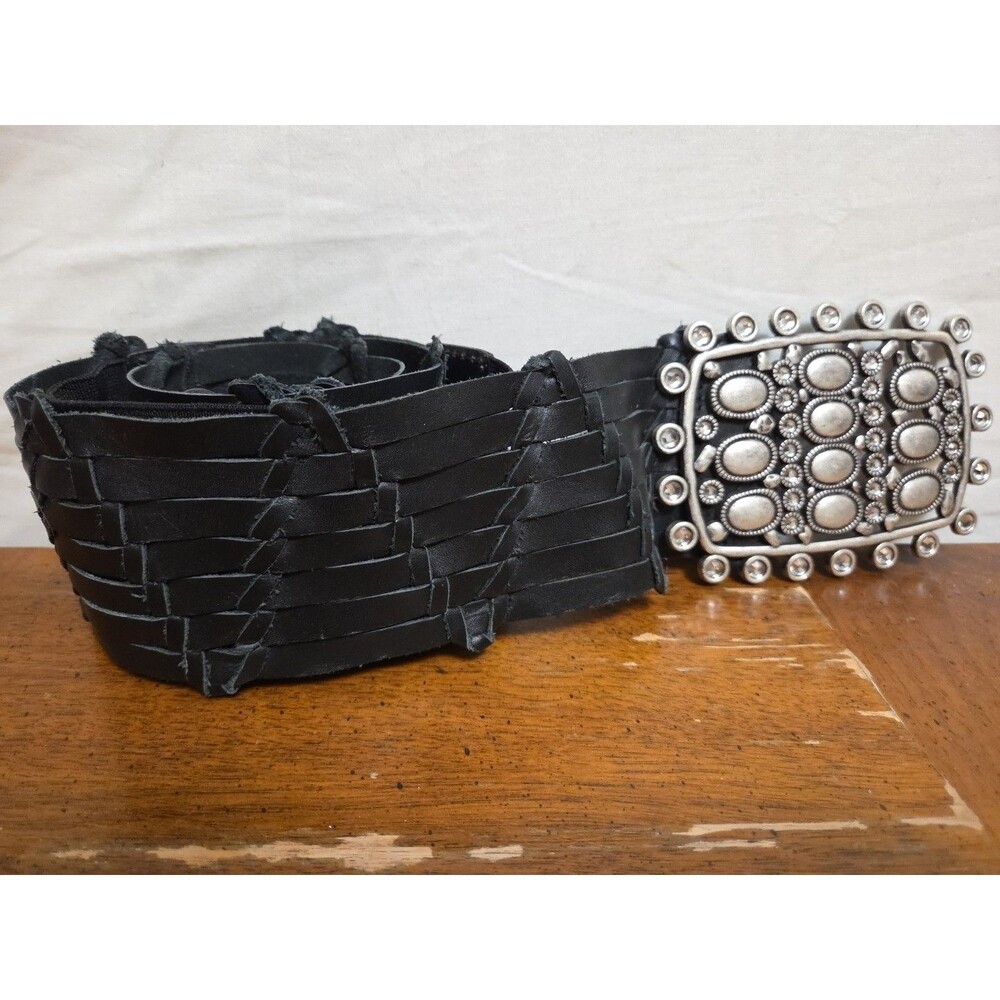 Chico’s Women's Belt 38" x 3” Woven Black Leather Rectangle Metal Buckle